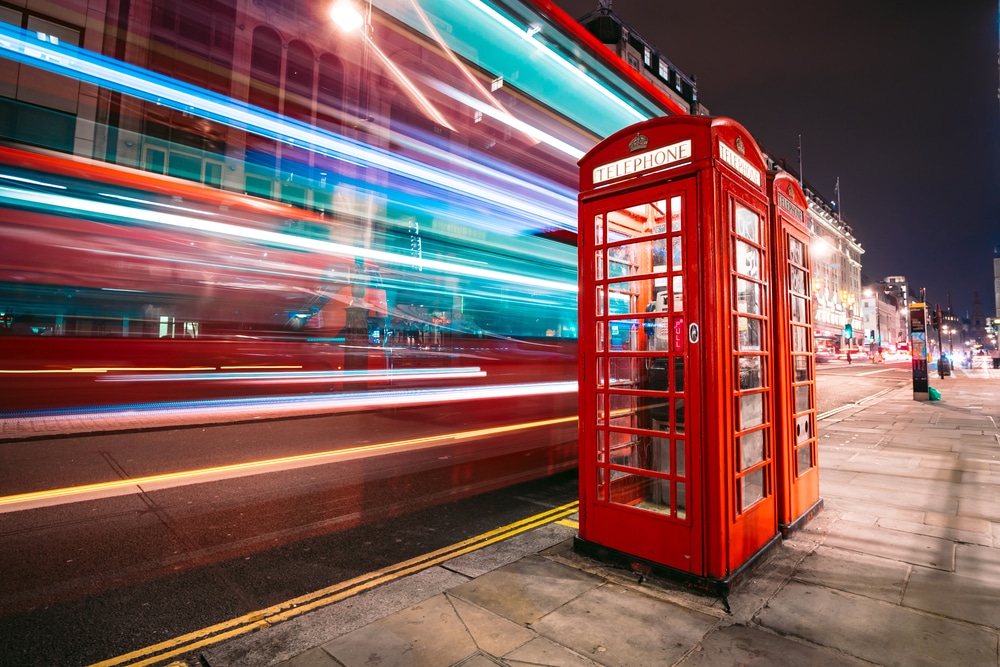 Light trails around a phone box during a long-exposure of London at night