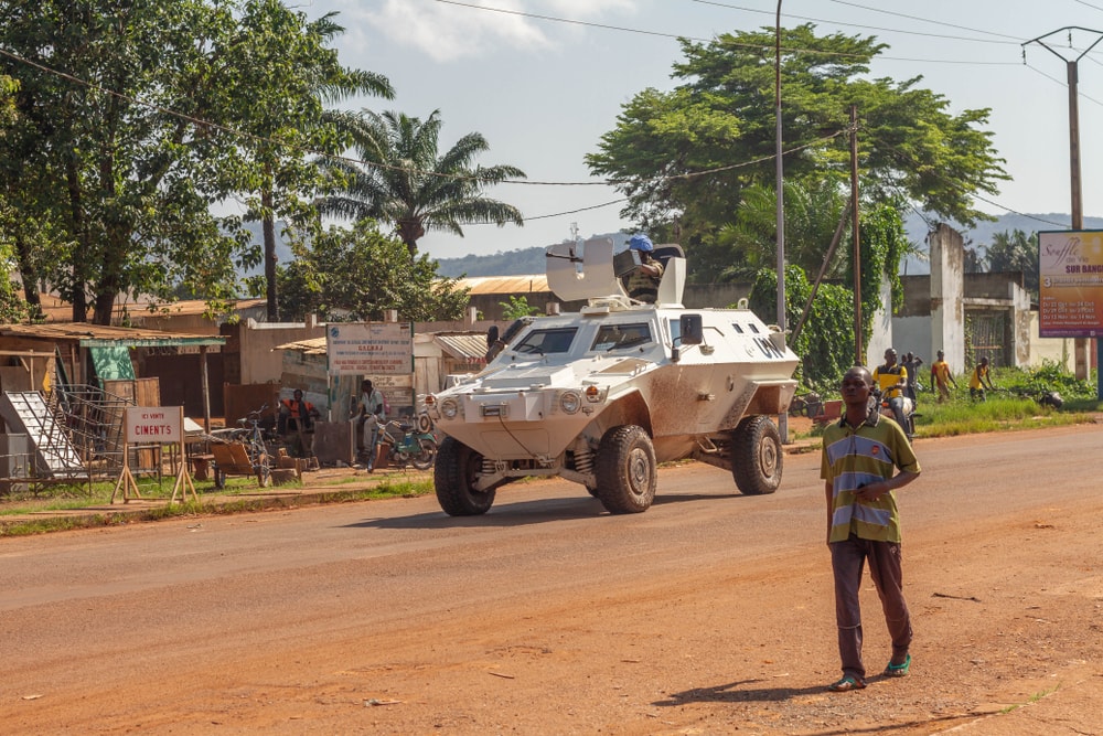 An armoured car on a dusty road in CAR