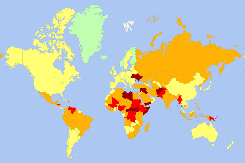 A colour-coded map of the world's most dangerous countries 2024