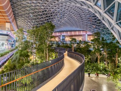 A walkway surrounded by trees inside Inside Doha airport – the best in the world