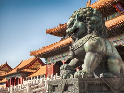 A statue outside the forbidden city in Beijing, China