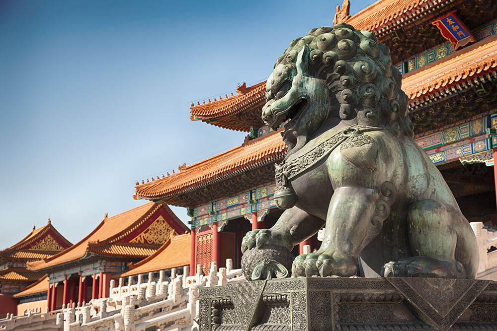 A statue outside the forbidden city in Beijing, China